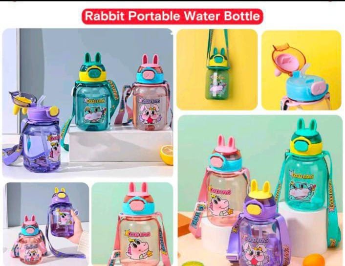 10051 Rabbit Theme Water Bottle for Kids with Straw and Adjustable Strap - Image 2