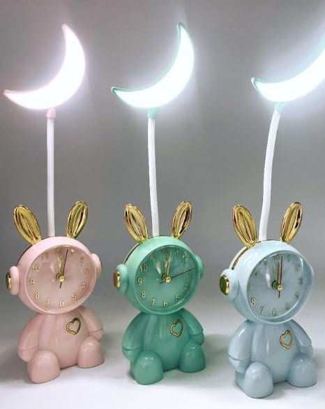 HD-3419 Cute Bunny Desk Clock with LED Moon Lamp, Pink and Gold Accents - Image 2
