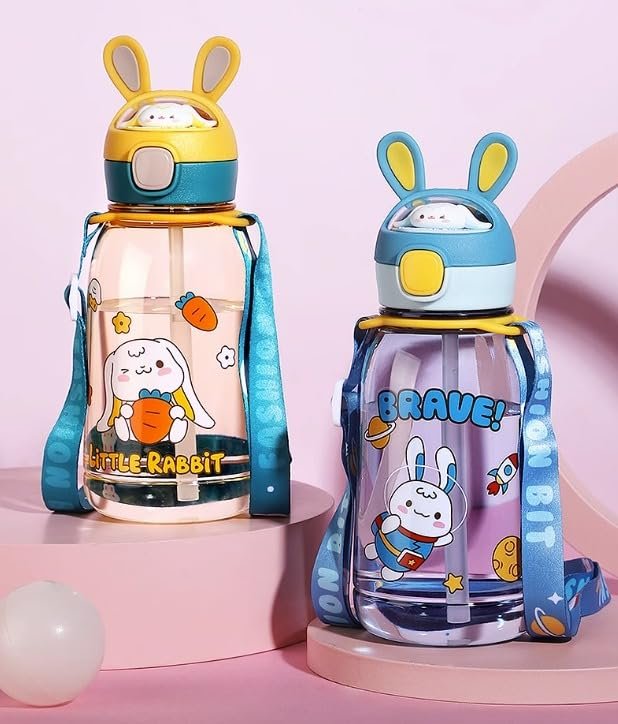 10051 Rabbit Theme Water Bottle for Kids with Straw and Adjustable Strap - Image 5