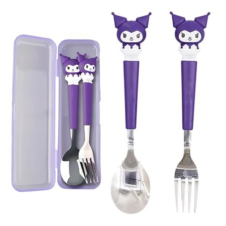 1235 Cute Spoon & Fork Combo with Storage Case, 7.87 inch {1 Pair} Random Design and color