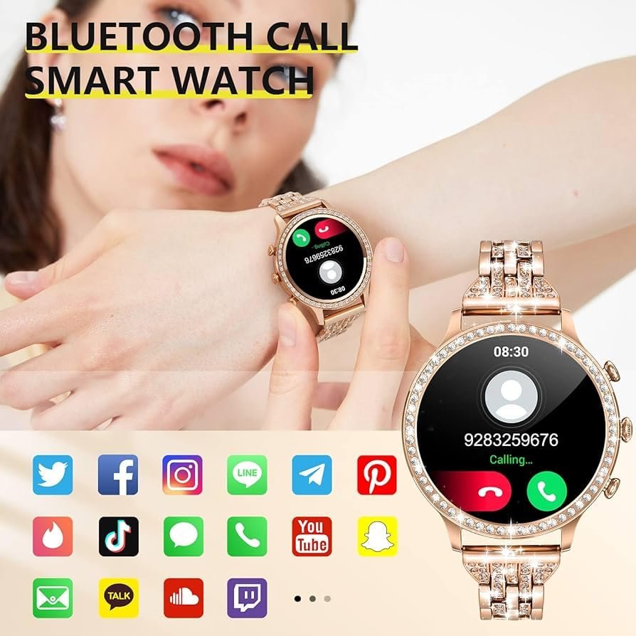 GEN 9 Golden Round Diamond Smartwatch for Women | Ultra Luxury Rose Gold Bracelet Smart Watch Bluetooth Call, Wireless Charge, Fashionable Fitness Tracker-Golden Version - Image 8