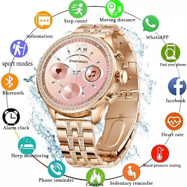 GEN 9 Golden Round Diamond Smartwatch for Women | Ultra Luxury Rose Gold Bracelet Smart Watch Bluetooth Call, Wireless Charge, Fashionable Fitness Tracker-Golden Version - Image 3