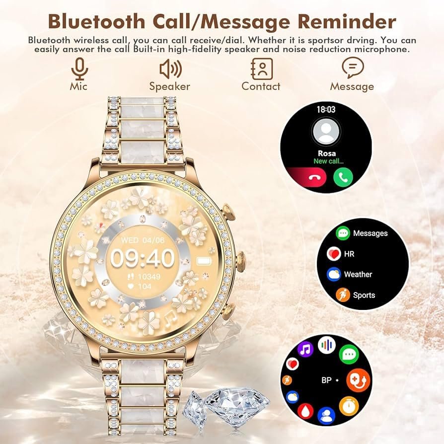 GEN 9 Golden Round Diamond Smartwatch for Women | Ultra Luxury Rose Gold Bracelet Smart Watch Bluetooth Call, Wireless Charge, Fashionable Fitness Tracker-Golden Version - Image 6