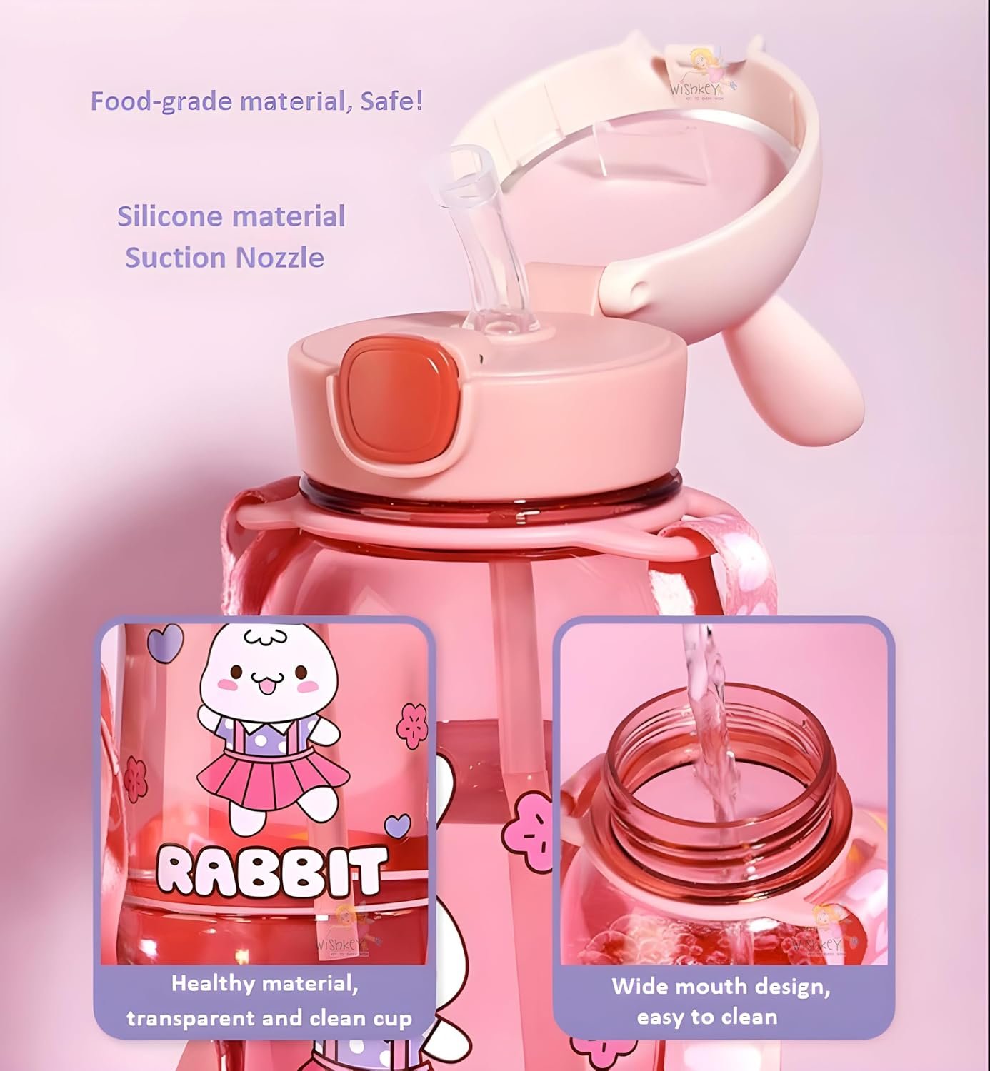 10051 Rabbit Theme Water Bottle for Kids with Straw and Adjustable Strap - Image 6