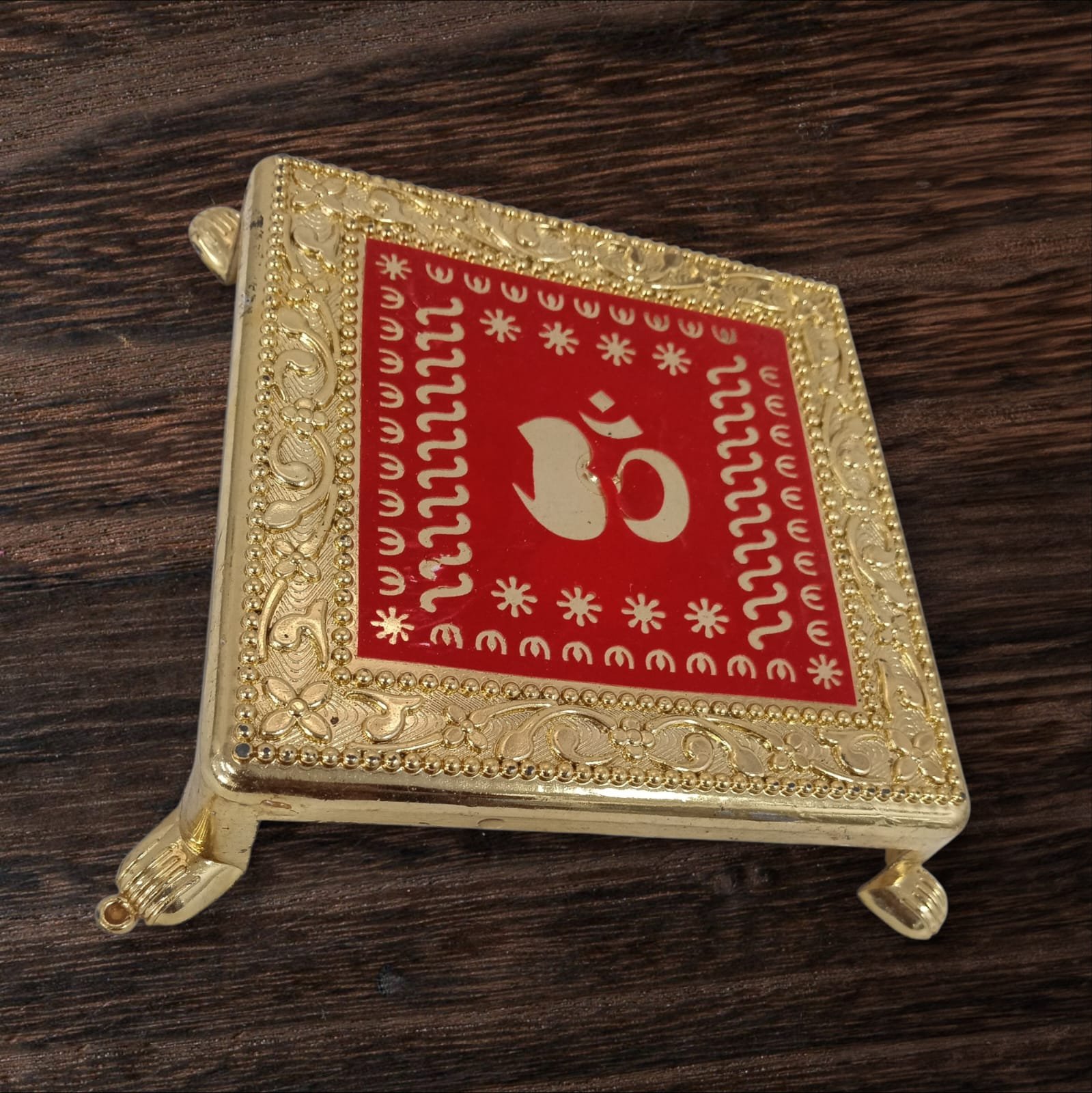 11347 Decorative Swastik, Om, Kalash Chowki, Gold-Plated Plastic Stand with Red Enamel Design 15 Cm - Image 4