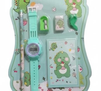 GBT-8454 6 in 1 Stationery Gift Set for Children , Stationery Supplies Bundle with Digital Watch, Sharpener, Eraser, Pencils, Notebook & Cap Return Gift for Kids